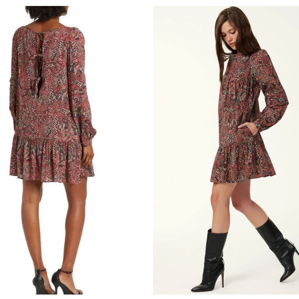 NICHOLAS Devan Gathered Snake-print Crepe long Sleeve Mini Dress Size 2